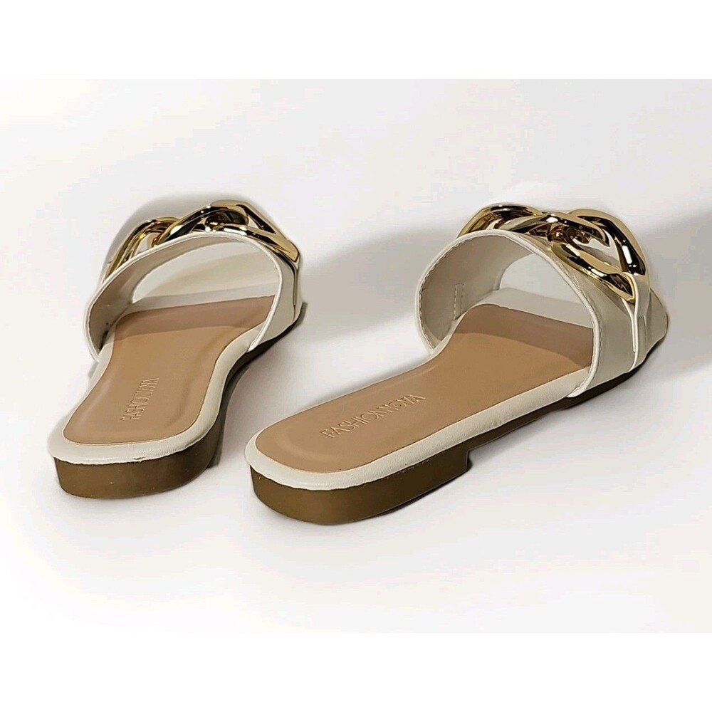 Fashion Nova White Square Toe Slide Sandals Gold Chain Link Flat Buckle Shoes 7 - Picture 4 of 8